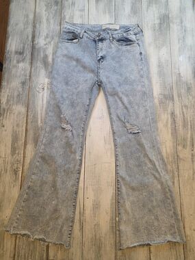 Pink Label Women's 70's Light Blue Distressed High Rise Wide Flare Jeans Sz 13